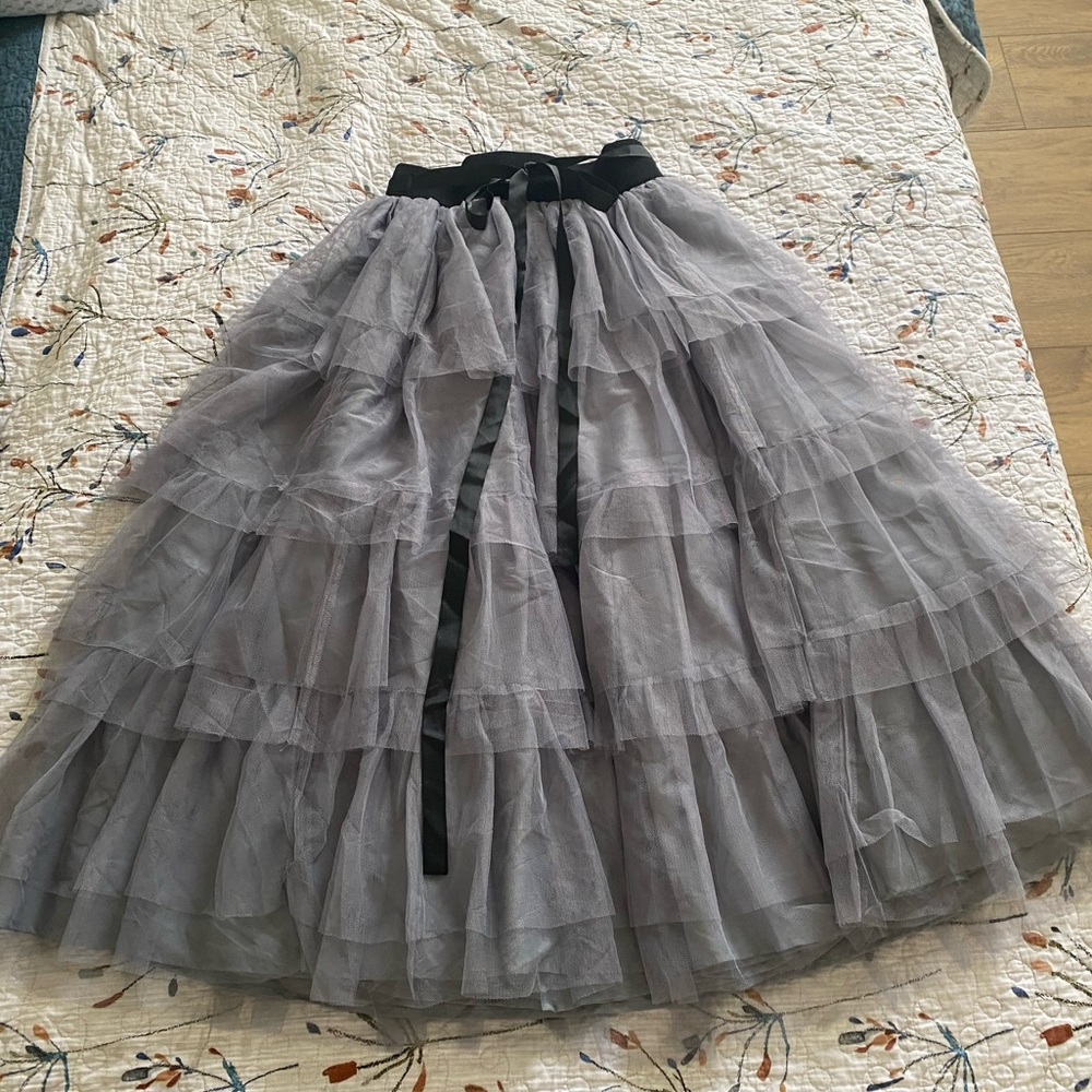 Ash Gray Bubble Midi Skirt with Tie Front